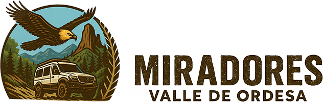 Logo Miradores Valle de Ordesa con vehículo 4x4 y quebrantahuesos